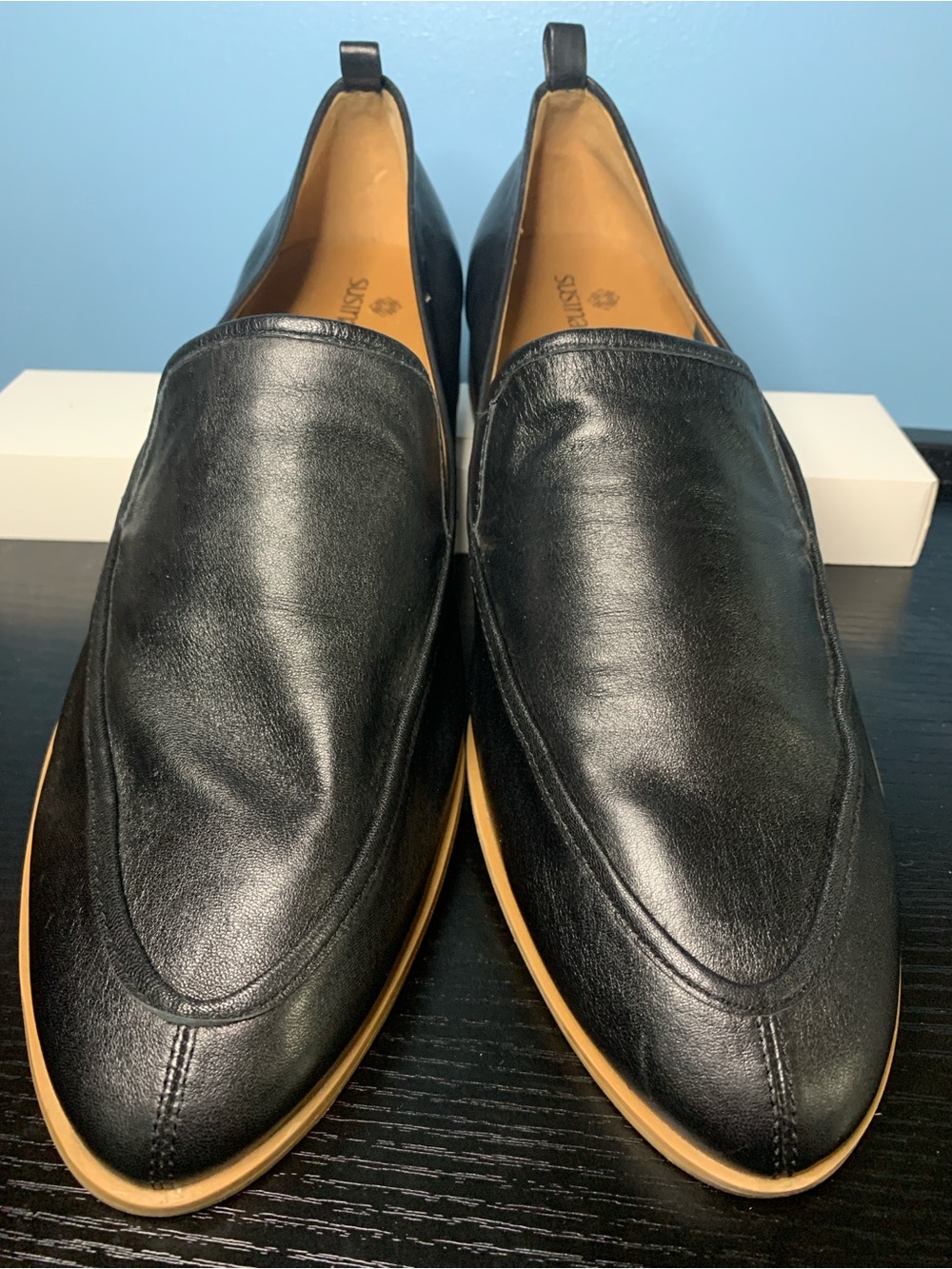 Susina Black Leather Slip-On Loafers with Tan Sole